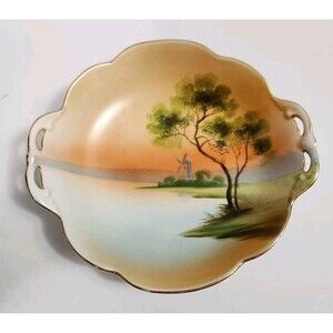 Noritake Plate with Handles Handpainted Gold Trim Home by Lake at Sunset Japan